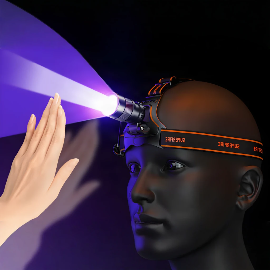 Linterna frontal Superfire HZ01 Negro Recargable USB-C 360m Luz UV 395nm, en uso: haz UV violeta iluminando una mano, cinta