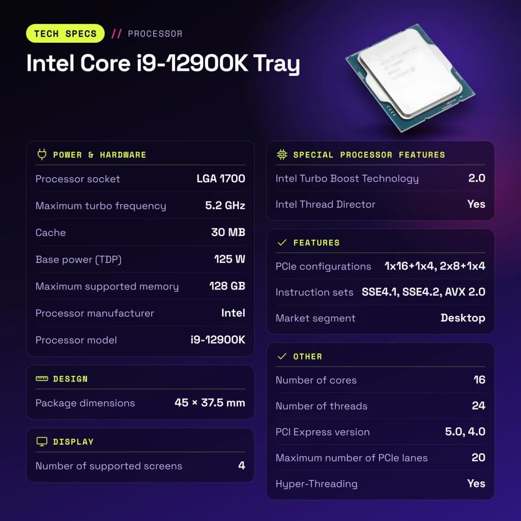 Intel Core i9-12900K Tray 16 Núcleos (8P+8E) LGA1700 - características