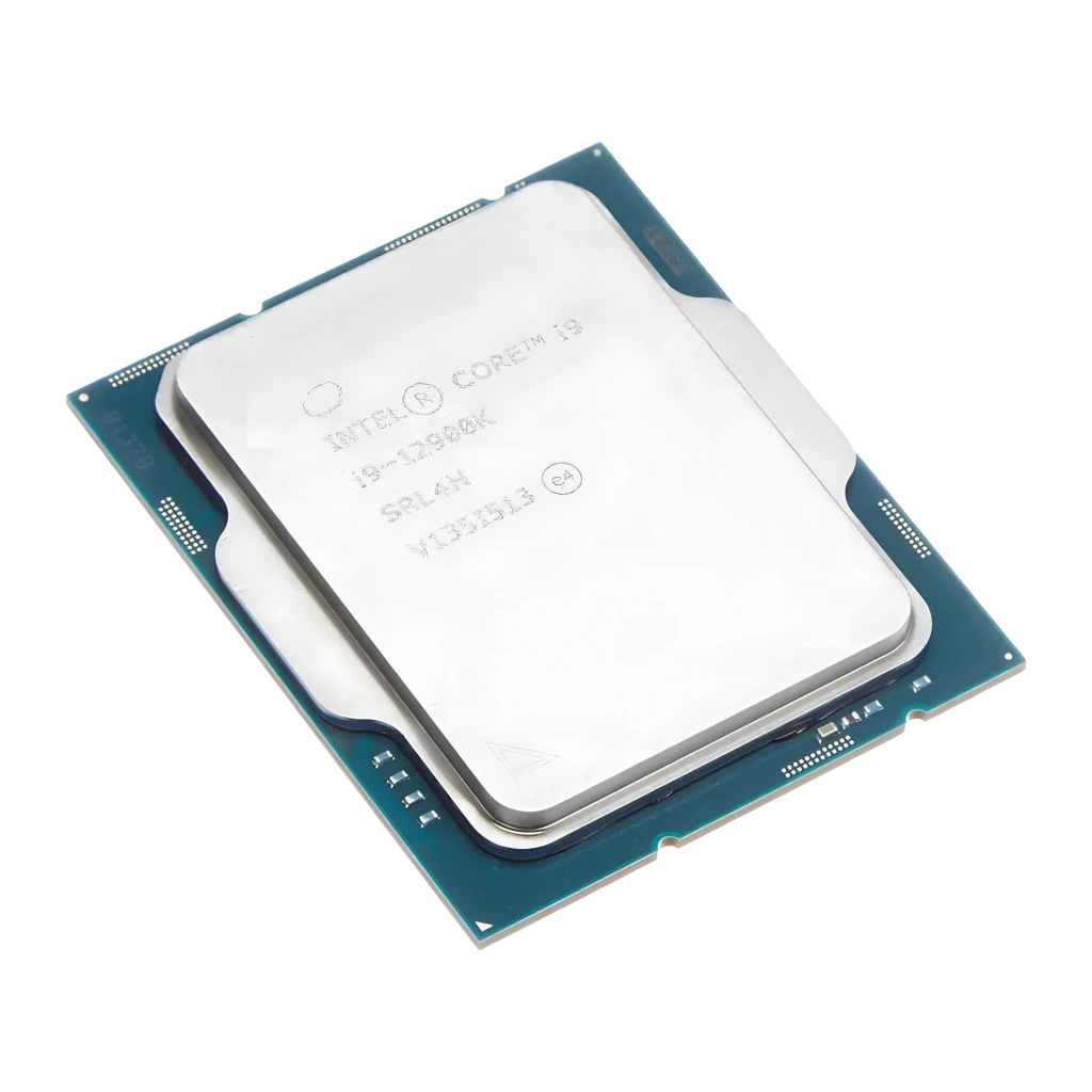 Intel Core i9-12900K Tray 16 Núcleos (8P+8E) LGA1700, vista frontal: IHS plateado con grabado i9-12900K sobre PCB verde-azul