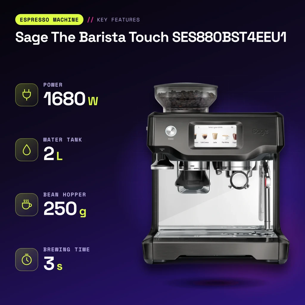 Cafetera espresso Sage The Barista Touch 2L Molinillo Integrado Automático Negro SES880BST4EEU1 - características