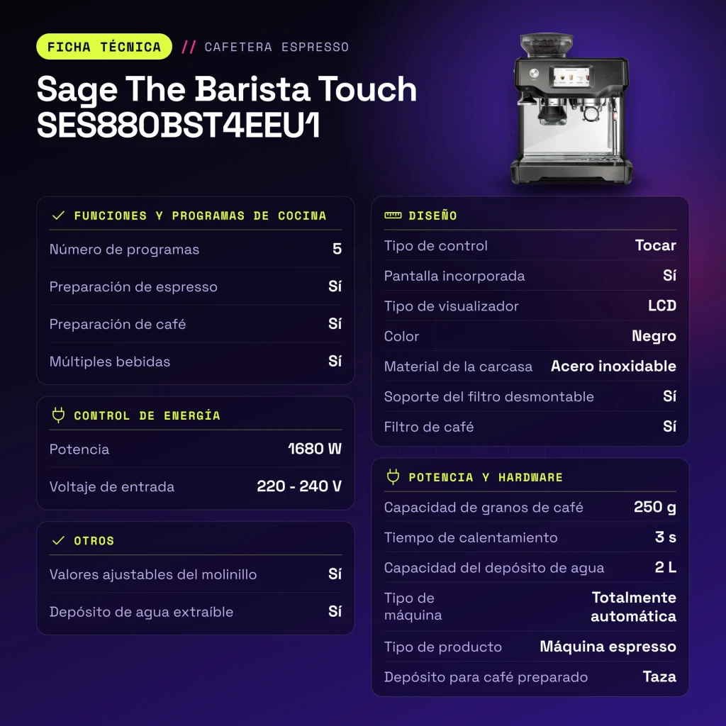 Cafetera espresso Sage The Barista Touch 2L Molinillo Integrado Automático Negro SES880BST4EEU1 - características