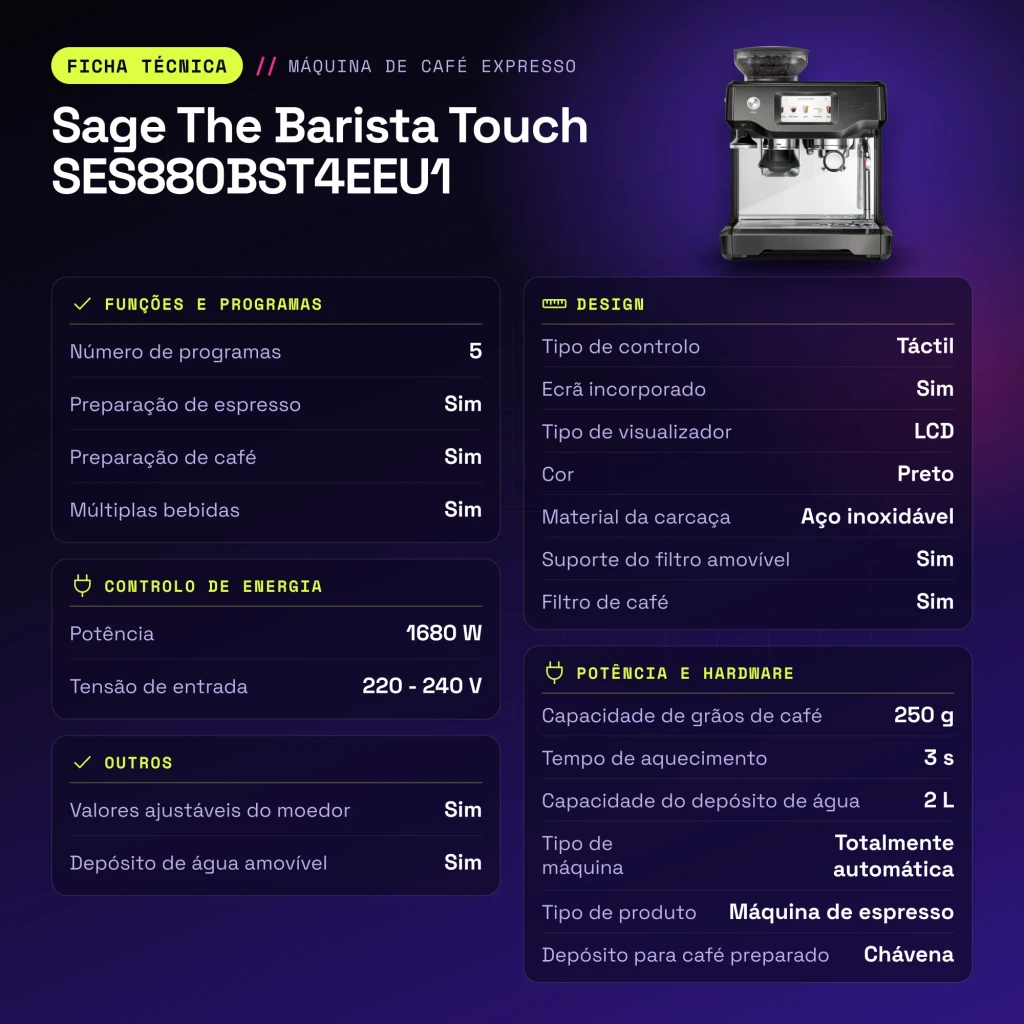 Cafetera espresso Sage The Barista Touch 2L Molinillo Integrado Automático Negro SES880BST4EEU1 - características