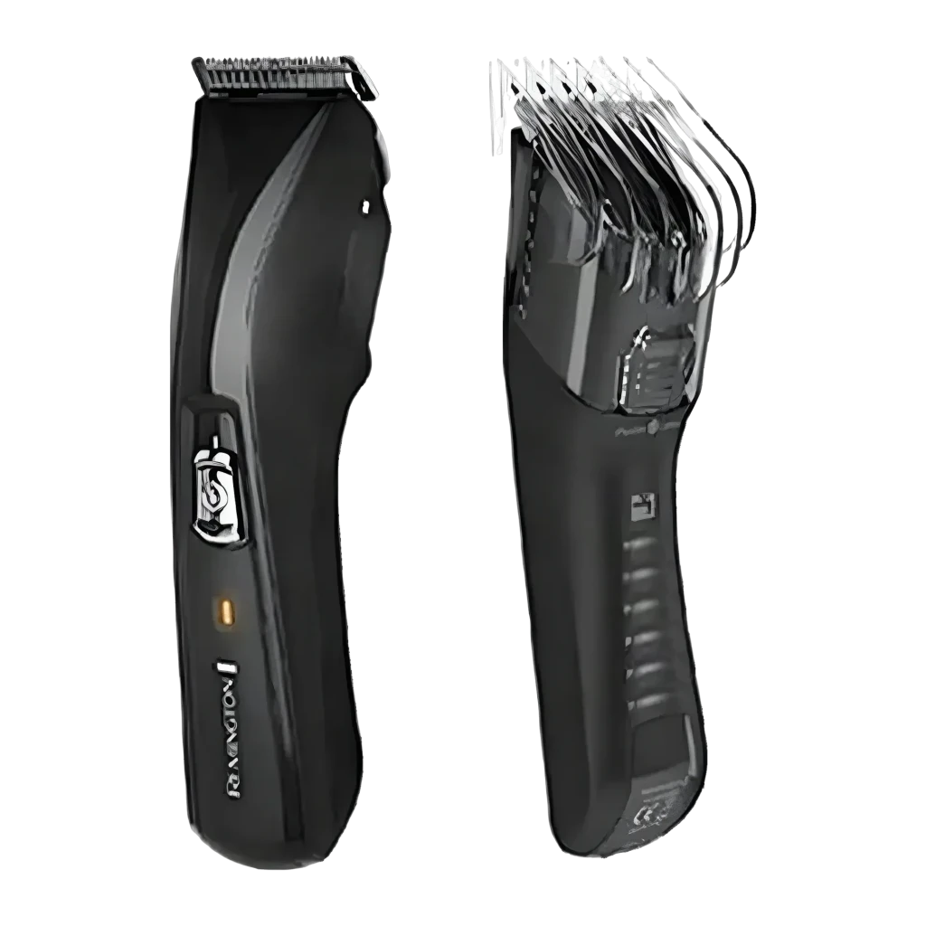 Aparador de Cabelo Remington Pro Power 30min Preto HC5150, vista traseira: dois ângulos, logo Remington, LED e pente-guia