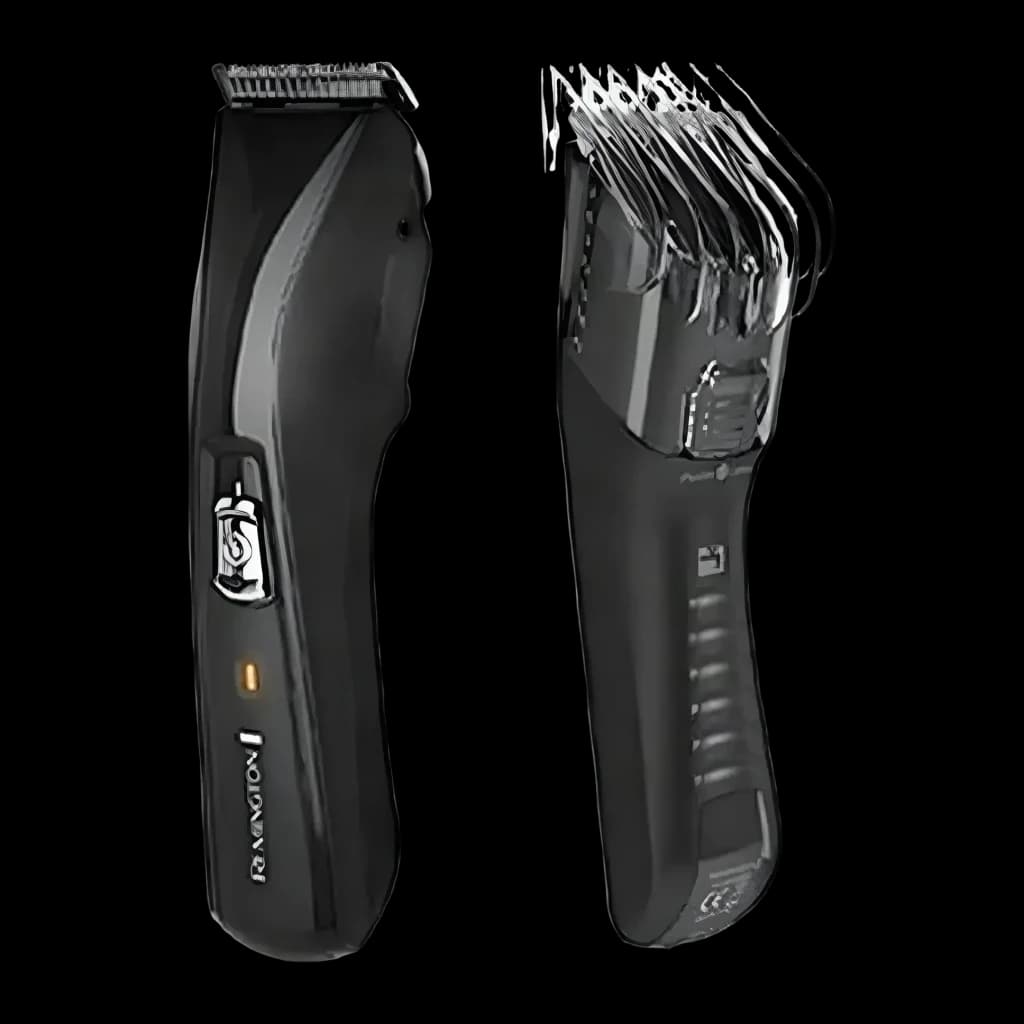 Aparador de Cabelo Remington Pro Power 30min Preto HC5150, vista traseira: dois ângulos, logo Remington, LED e pente-guia