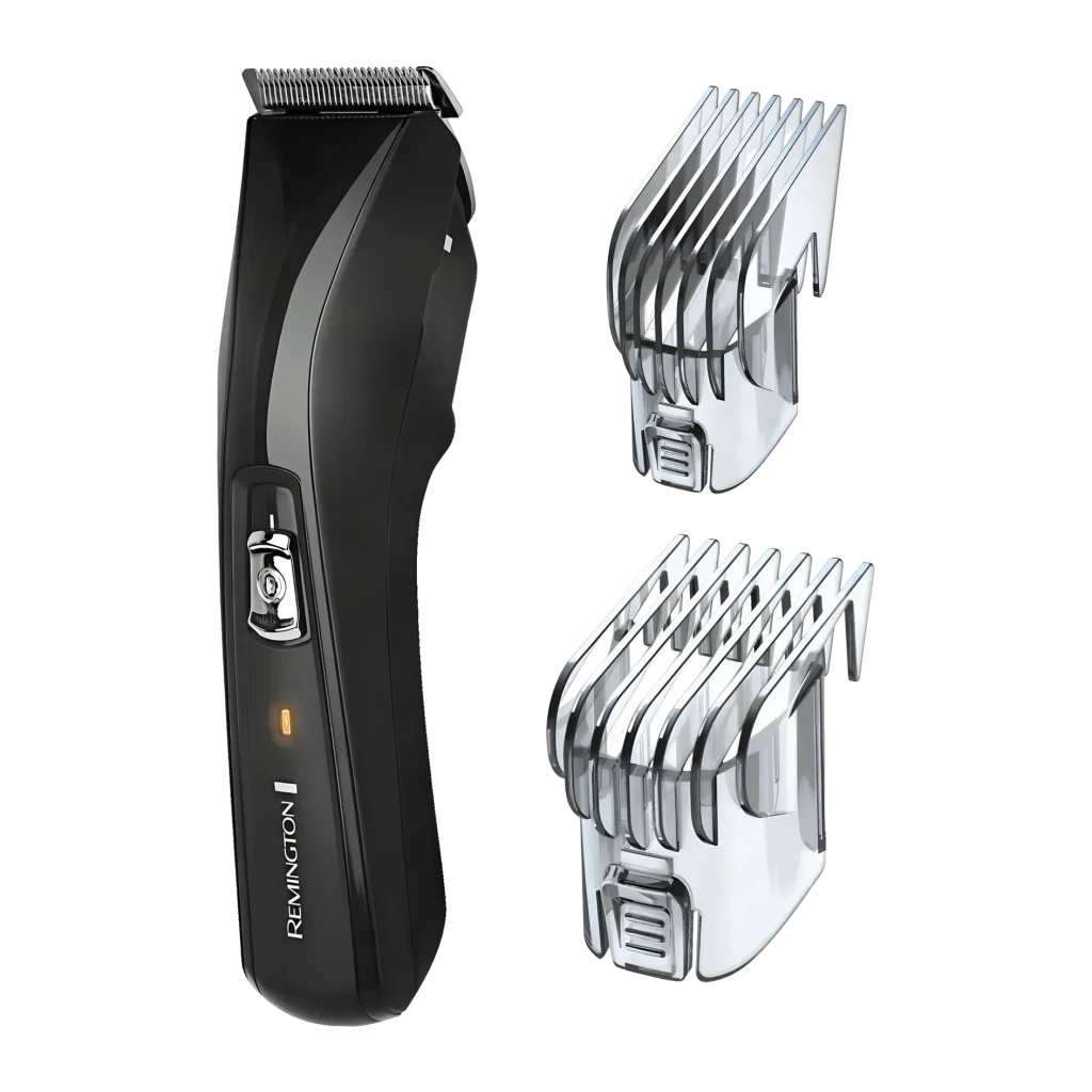 Aparador de Cabelo Remington Pro Power 30min Preto HC5150, detalhe: corpo lateral com roda de ajuste e dois pentes-guia