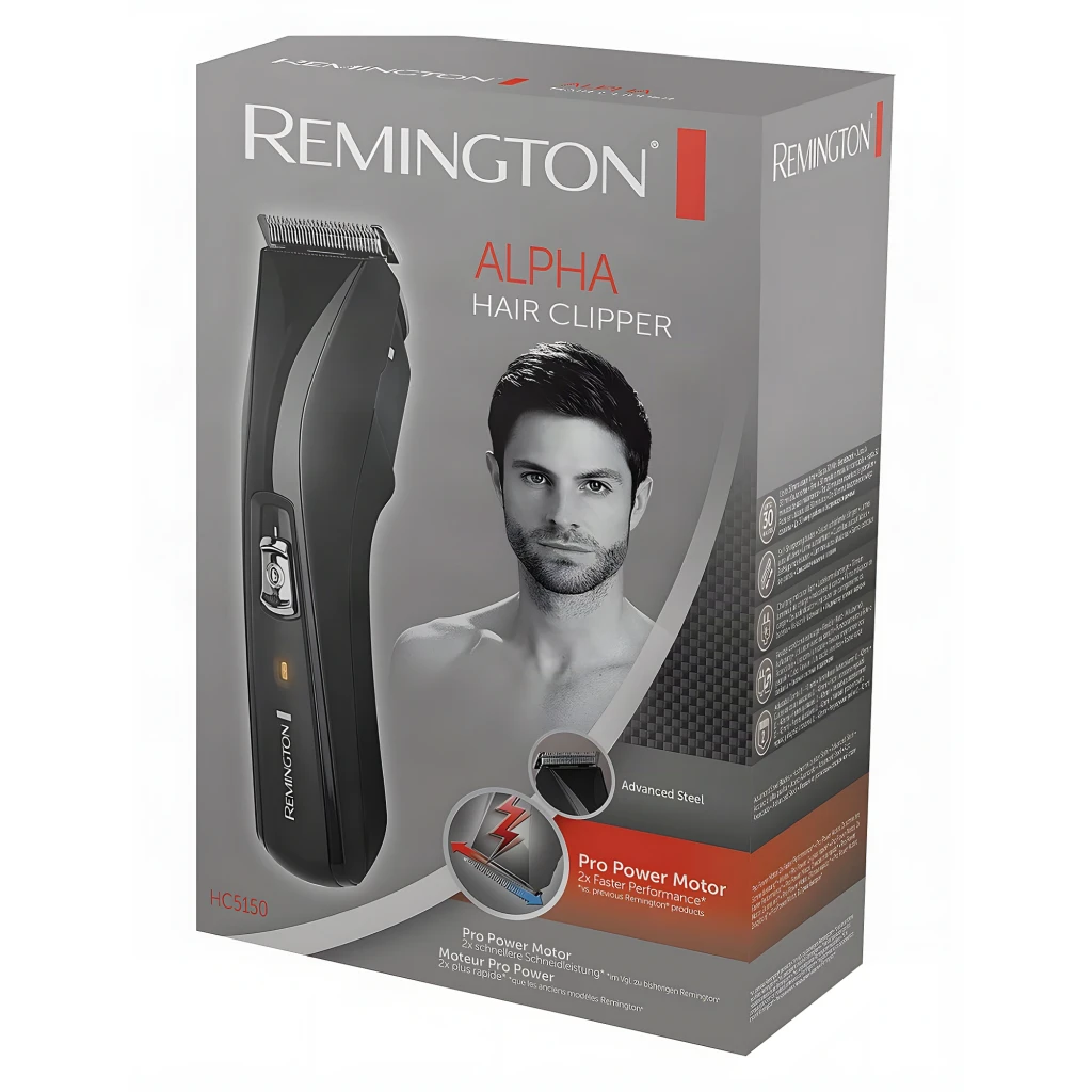 Aparador de Cabelo Remington Pro Power 30min Preto HC5150, caixa: embalagem em ângulo com aparador e modelo masculino