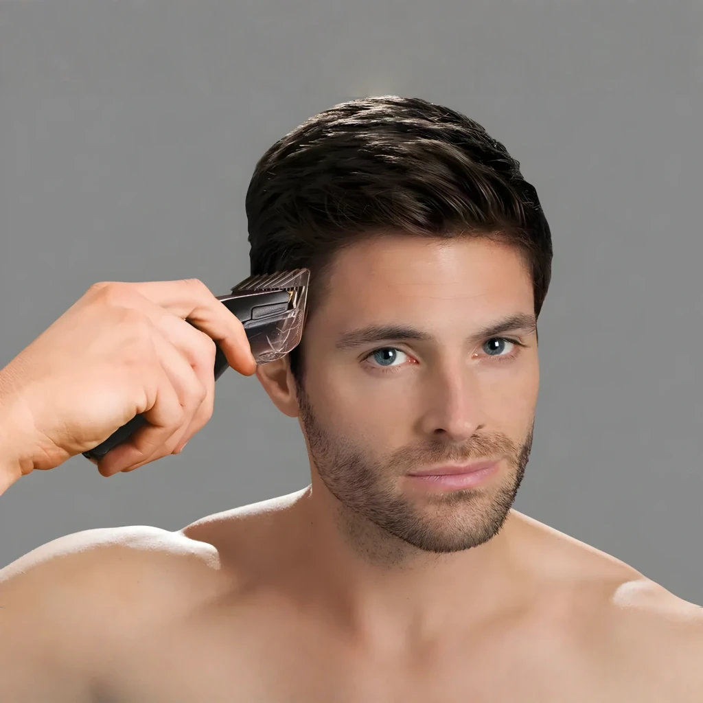 Aparador de Cabelo Remington Pro Power 30min Preto HC5150, em uso: homem aparando lateral do cabelo com pente-guia