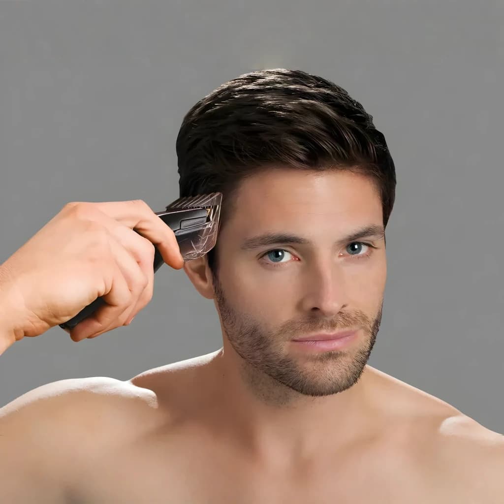 Aparador de Cabelo Remington Pro Power 30min Preto HC5150, em uso: homem aparando lateral do cabelo com pente-guia