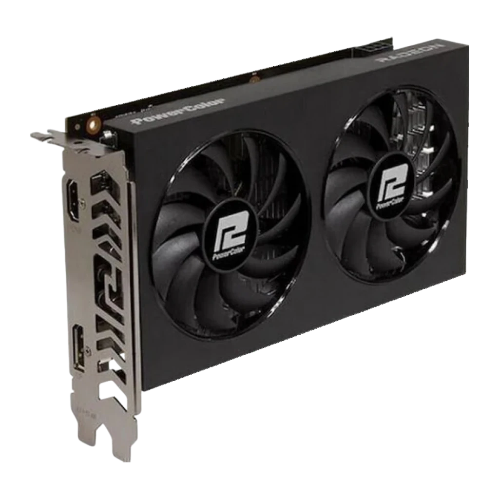 PowerColor Fighter Radeon RX 6500 XT V3 4 Go GDDR6 Noir, vue de face: double ventilateur logo PowerColor et équerre