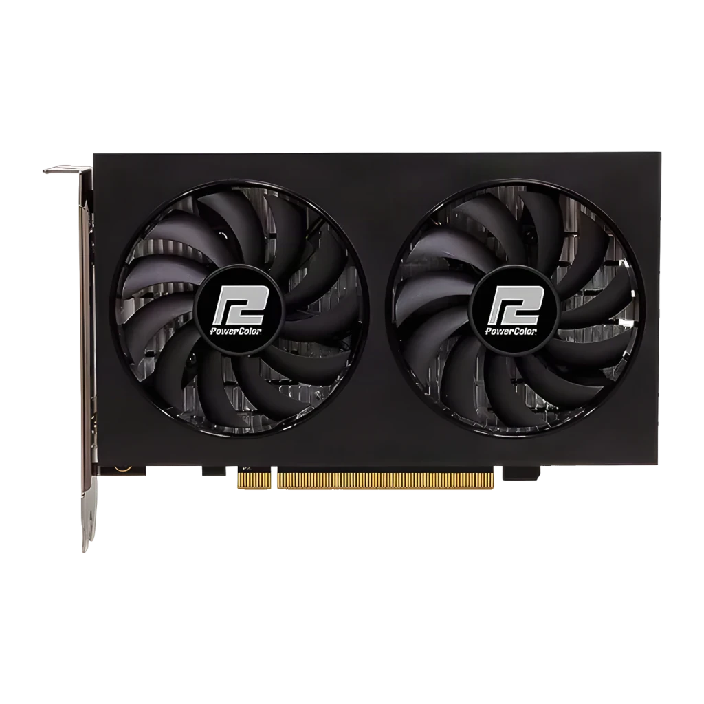 PowerColor Fighter Radeon RX 6500 XT V3 4 Go GDDR6 Noir, détail: deux ventilateurs avec logo PowerColor et connecteur PCIe