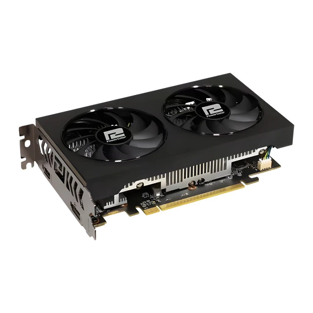 PowerColor Fighter Radeon RX 6500 XT V3 4 Go GDDR6 Noir, détail: vue en angle avec deux ventilateurs, connecteur PCIe
