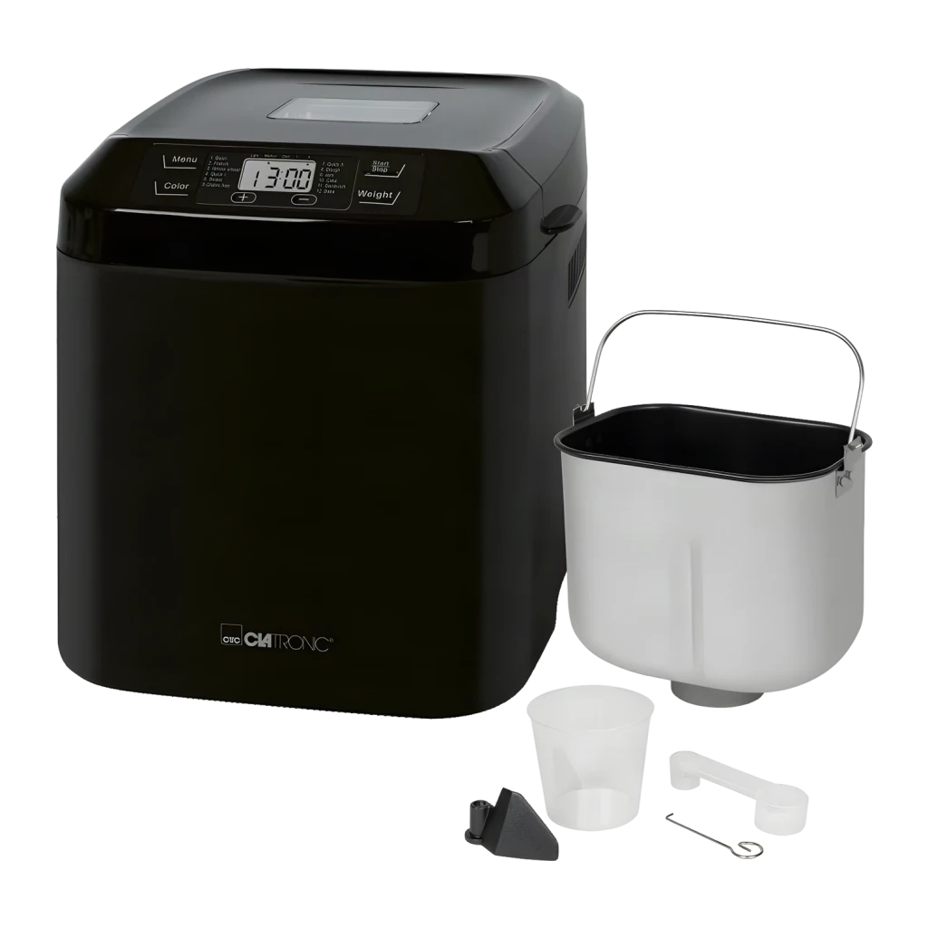 Machine à pain Clatronic BBA 3774 3L 550W Noir, détail: cuve amovible avec anse, verre doseur et accessoires inclus