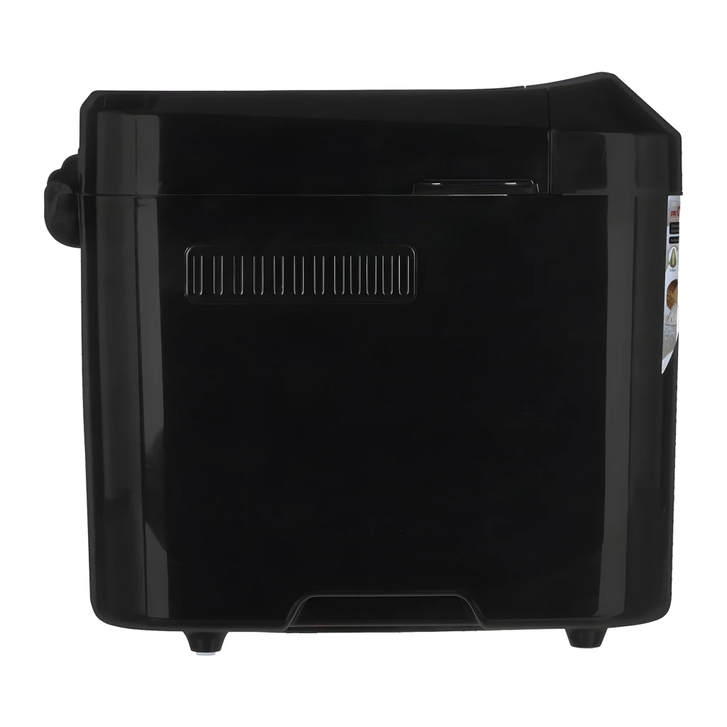Machine à pain Clatronic BBA 3774 3L 550W Noir, vue arrière: grille de ventilation centrale, pieds et étiquette latérale