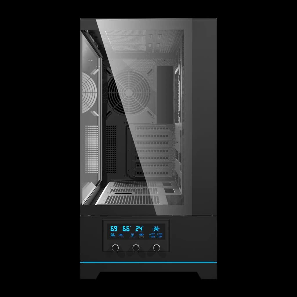 Caixa PC Darkflash DY451 Big Tower Vidro Temperado ATX / mATX / ITX Preto, detalhe frontal: painel de vidro temperado curvo