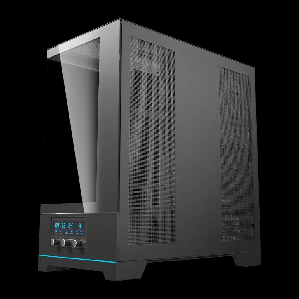 Caixa PC Darkflash DY451 Big Tower Vidro Temperado ATX / mATX / ITX Preto, detalhe: painel frontal mesh, ecrã LCD azul