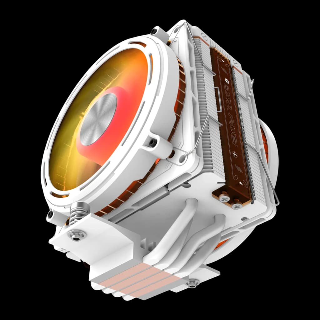 Disipador CPU Darkflash E400 Plus 235W TDP ARGB Direccionable Blanco, detalle: ventilador ARGB iluminado en rojo-naranja