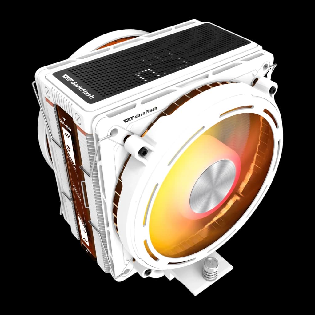 Disipador CPU Darkflash E400 Plus 235W TDP ARGB Direccionable Blanco, vista frontal: ventilador ARGB iluminado en naranja