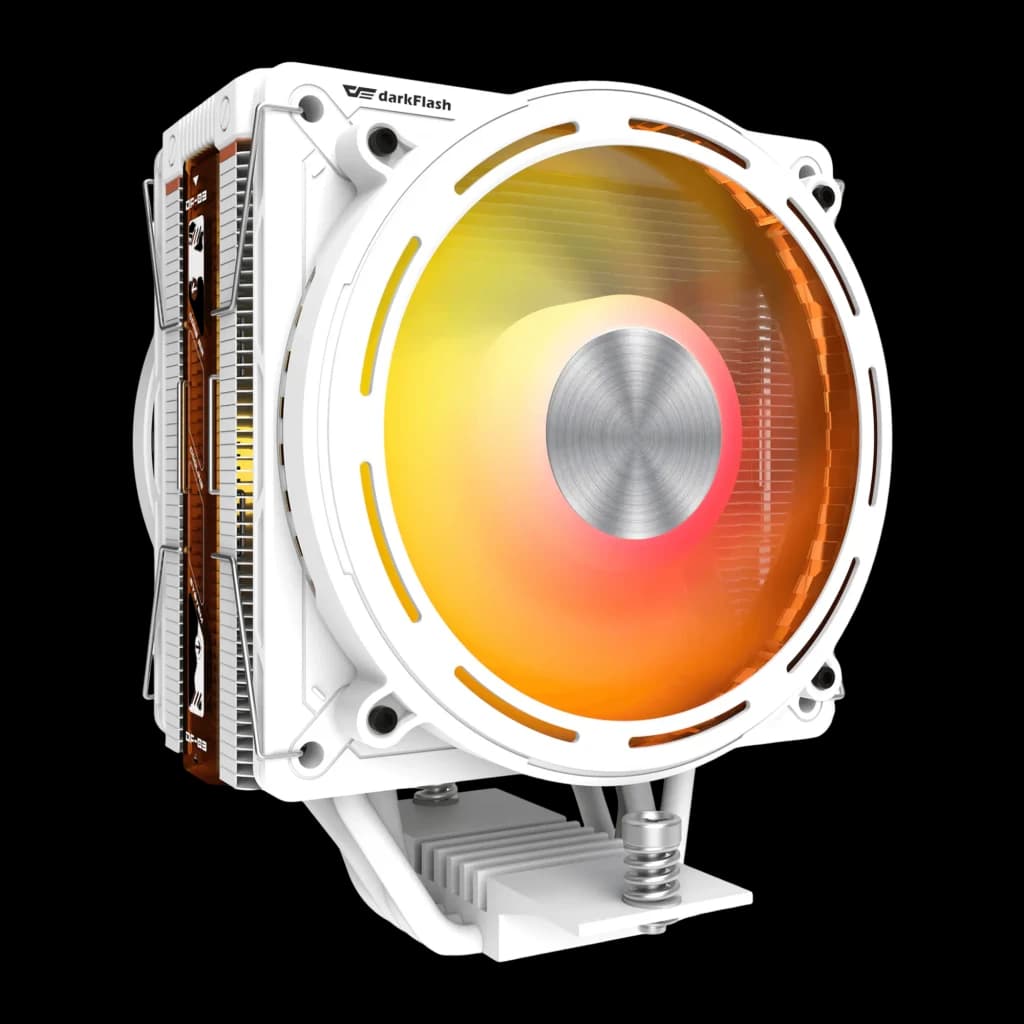 Disipador CPU Darkflash E400 Plus 235W TDP ARGB Direccionable Blanco, detalle: ventilador ARGB con iluminación naranja-roja