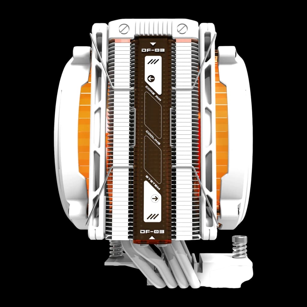 Disipador CPU Darkflash E400 Plus 235W TDP ARGB Direccionable Blanco, vista trasera: aletas de disipación centrales