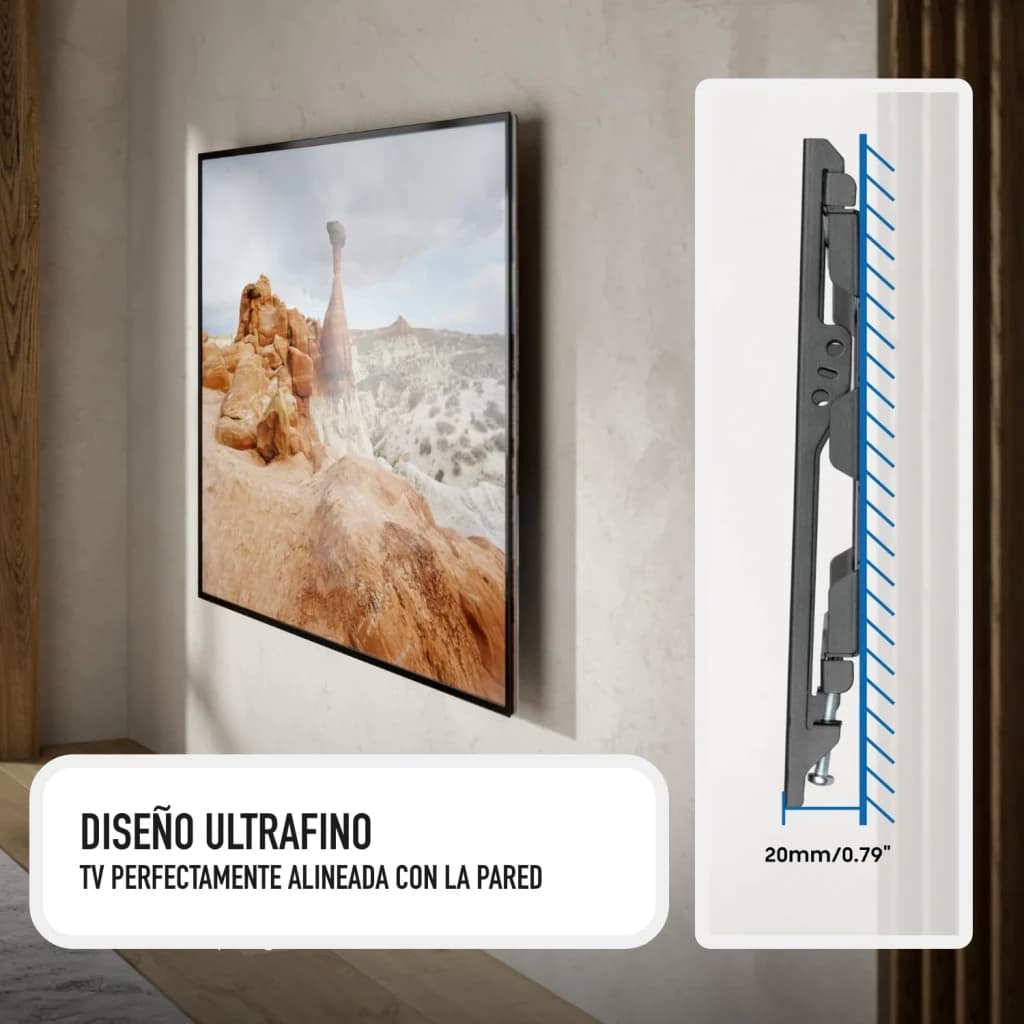 Support TV Ewent Noir Fixe Mural 23 pouces-43 pouces 200x200mm EW1501, lifestyle: TV alignée au mur et schéma profil