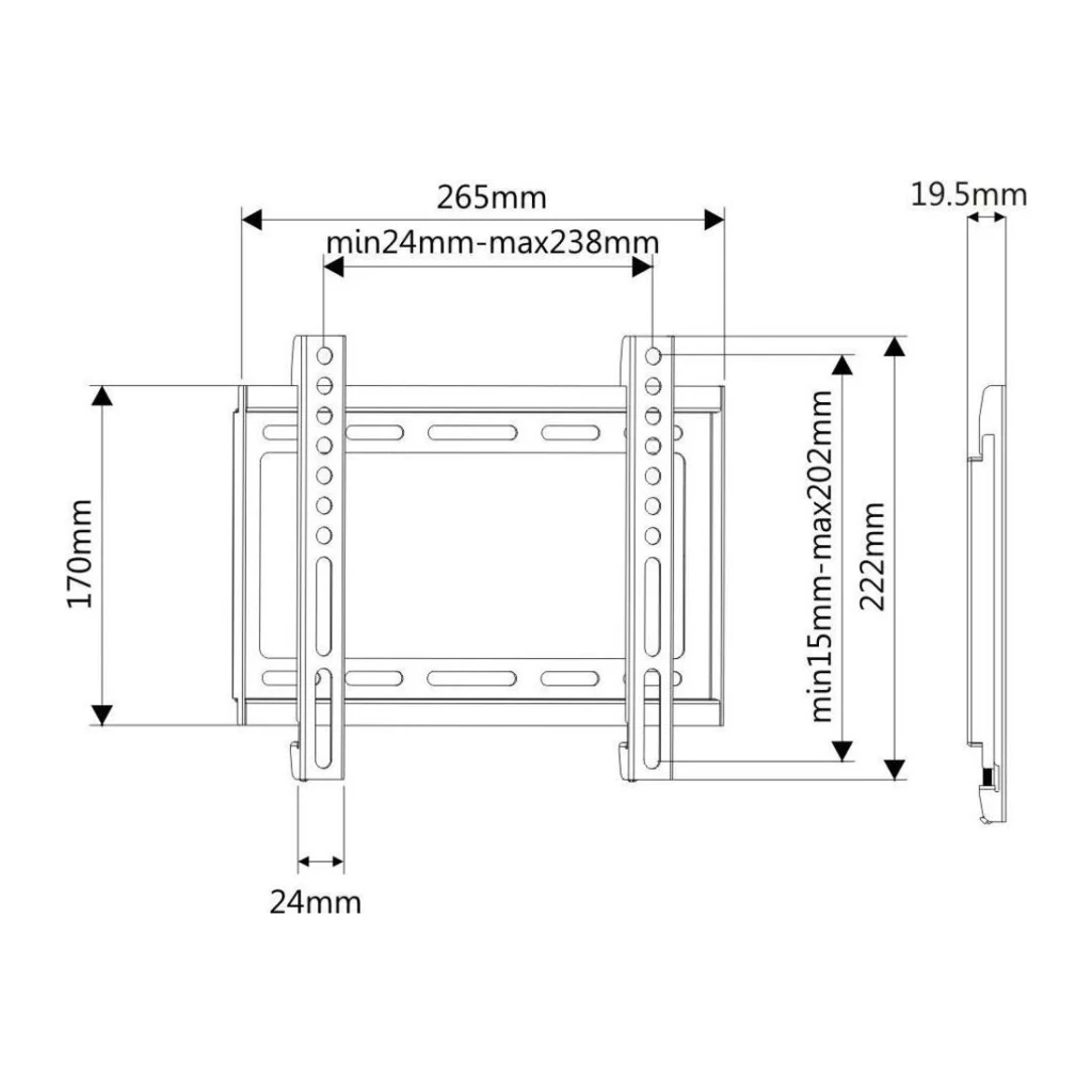 Support TV Ewent Noir Fixe Mural 23 pouces-43 pouces 200x200mm EW1501, schéma technique: cotes frontales et latérales