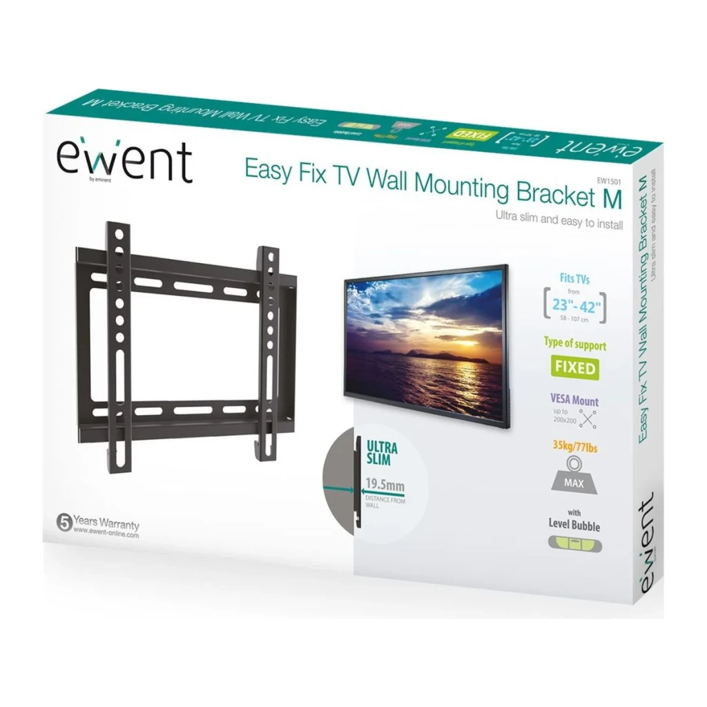 Support TV Ewent Noir Fixe Mural 23 pouces-43 pouces 200x200mm EW1501, contenu de la boîte: emballage avec support