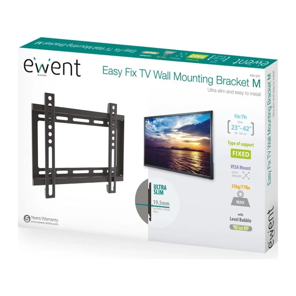 Support TV Ewent Noir Fixe Mural 23 pouces-43 pouces 200x200mm EW1501, contenu de la boîte: emballage avec support