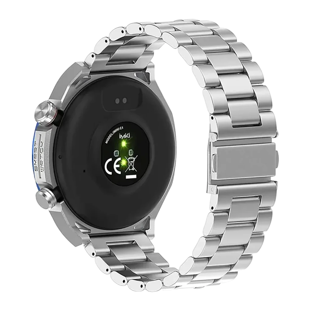 IMIKI Xplorer Oyster 1.43 polegadas Azul Frequência Cardíaca SpO2 Bateria 30 Dias 3ATM, vista traseira: sensor óptico verde