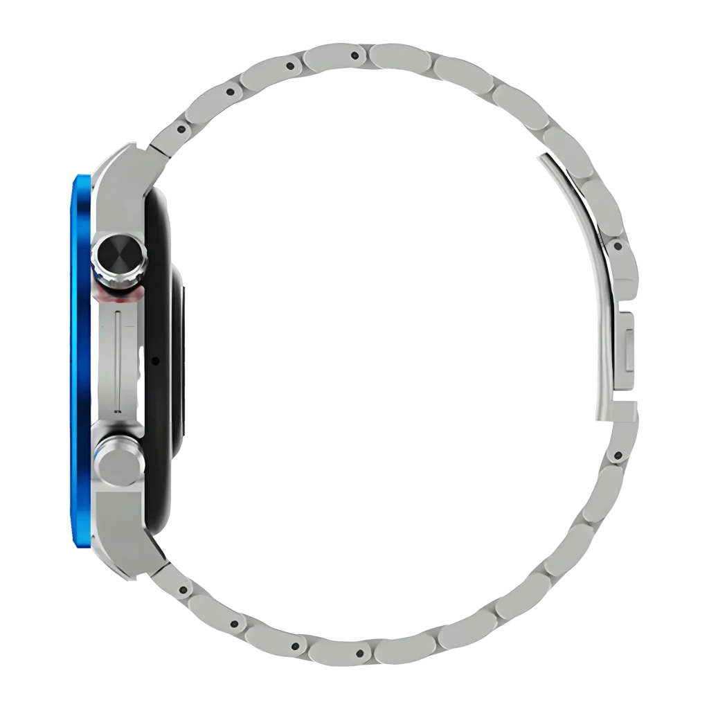 IMIKI Xplorer Oyster 1.43 polegadas Azul Frequência Cardíaca SpO2 Bateria 30 Dias 3ATM, detalhe lateral: caixa azul, coroa
