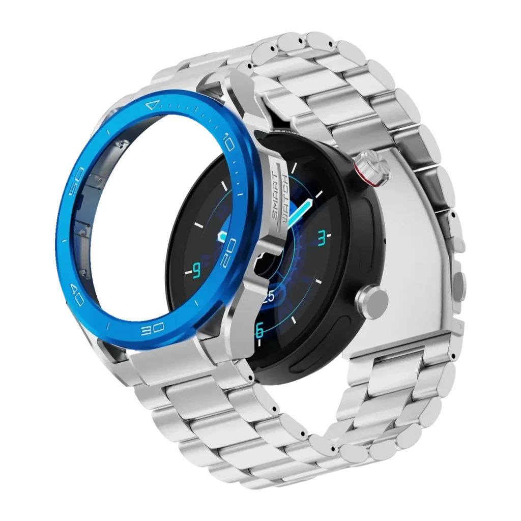 IMIKI Xplorer Oyster 1.43 polegadas Azul Frequência Cardíaca SpO2 Bateria 30 Dias 3ATM, detalhe: moldura azul, caixa