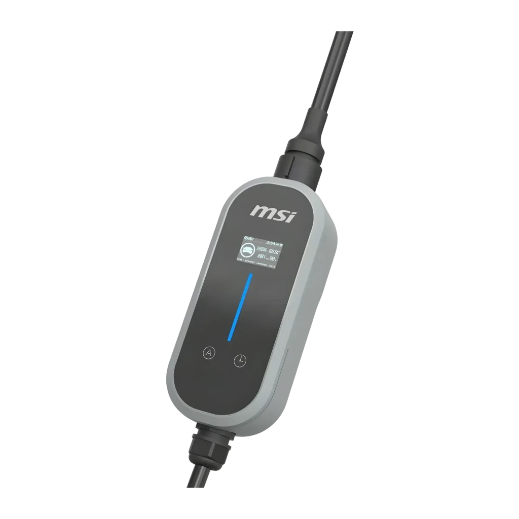Cargador Coche Eléctrico MSI EVSE EZgo Gris 3,6kW Tipo 2 Cable 5m, vista frontal: cuerpo gris con pantalla OLED, luz azul