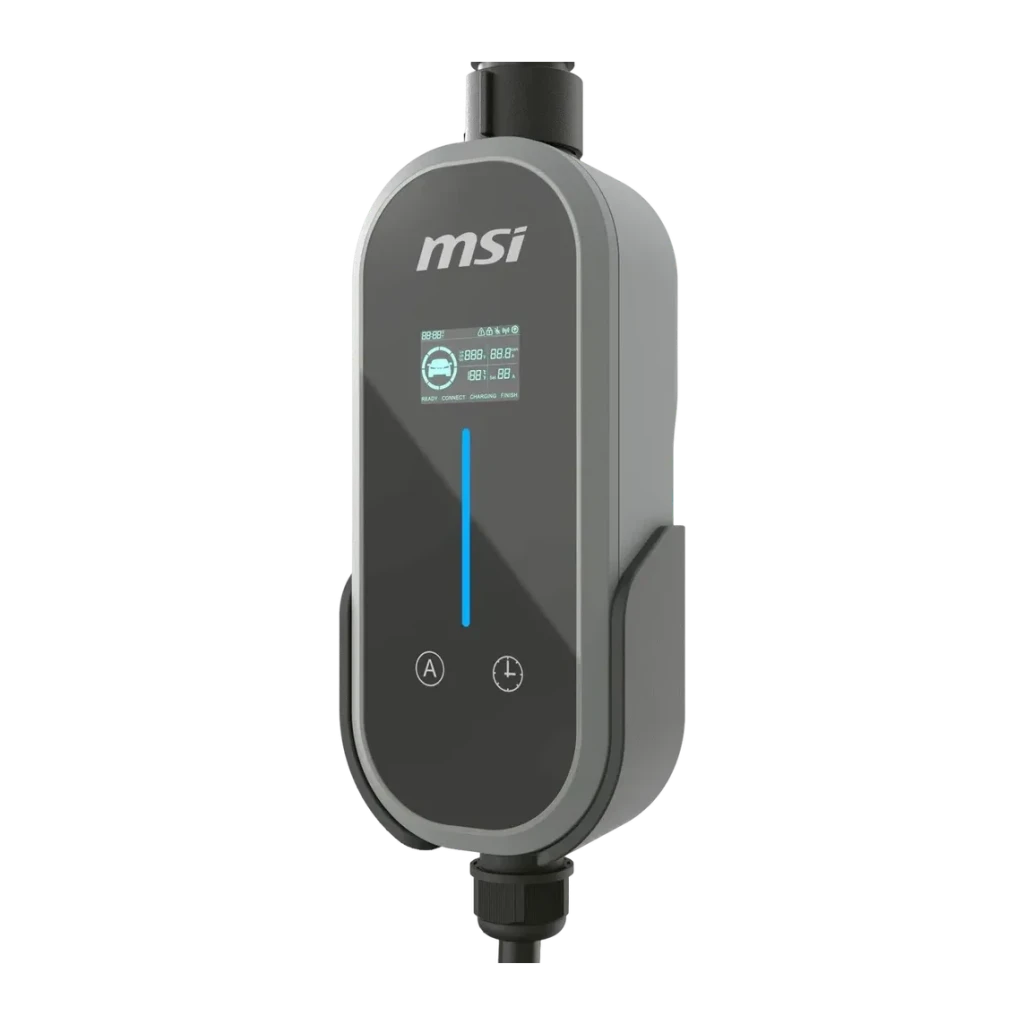 Cargador Coche Eléctrico MSI EVSE EZgo Gris 3,6kW Tipo 2 Cable 5m, detalle: pantalla OLED, luz azul central y dos botones