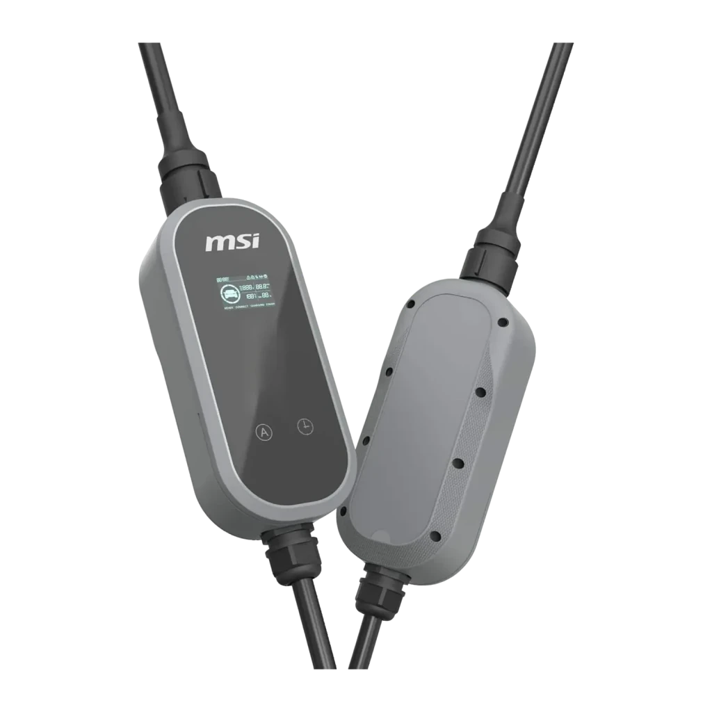 Cargador Coche Eléctrico MSI EVSE EZgo Gris 3,6kW Tipo 2 Cable 5m, vista trasera: cuerpo gris texturizado sin pantalla junto