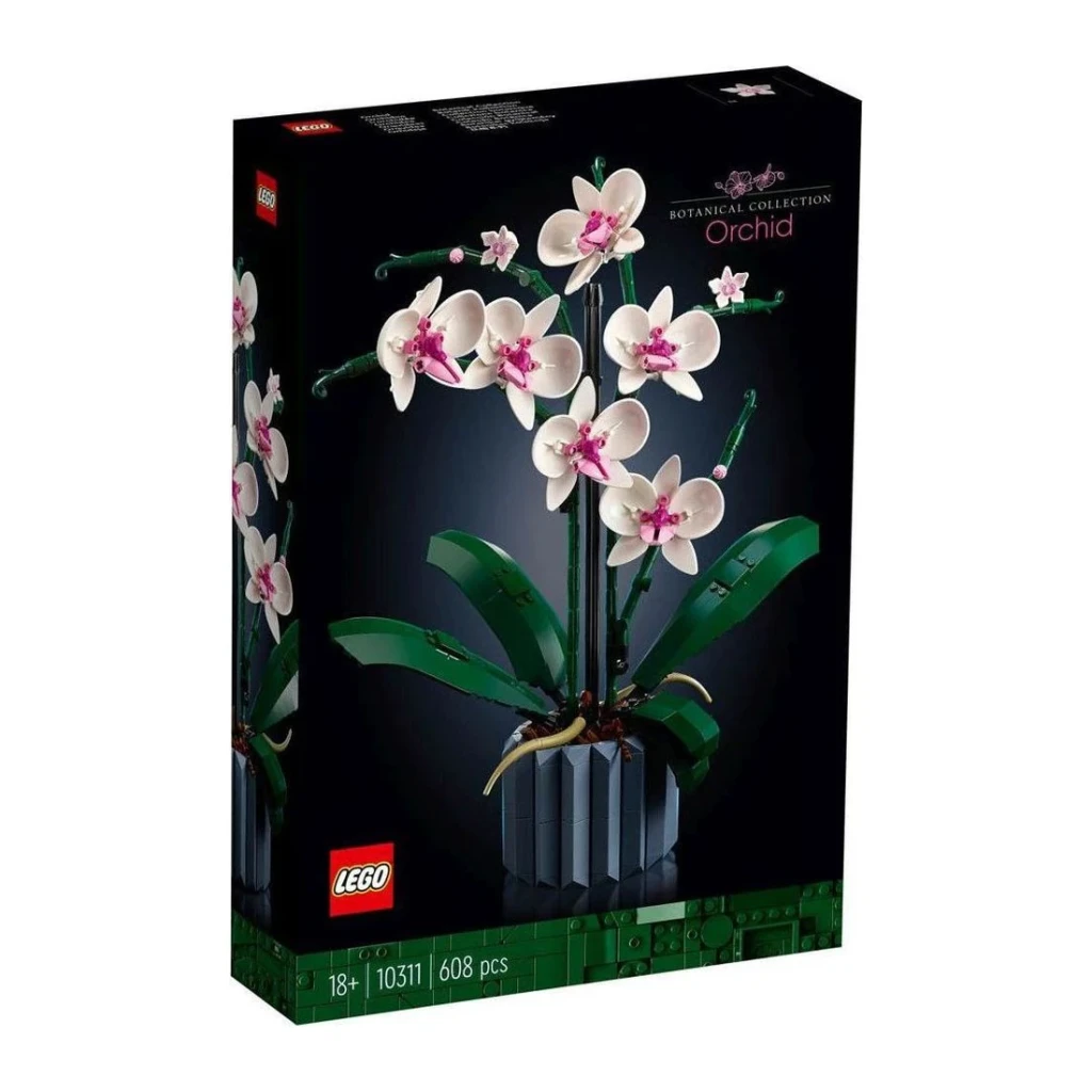 Set LEGO Botanicals Orchidées 10311 608 pièces 18+ ans, contenu de la boîte: face avant avec orchidée blanche et rose en pot