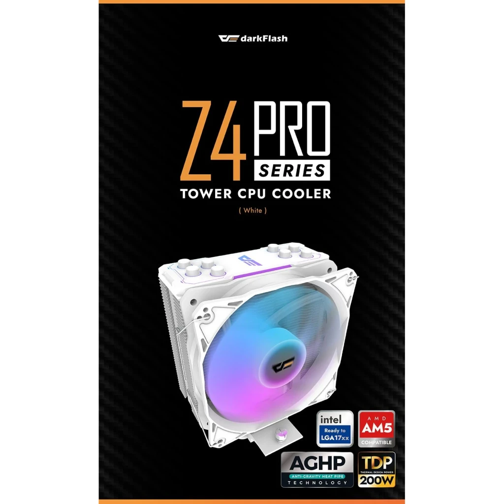 Ventirad CPU Darkflash Z4 PRO AM4/AM5 LGA1700 TDP 200W ARGB 5V Blanc, contenu de la boîte: boîte officielle
