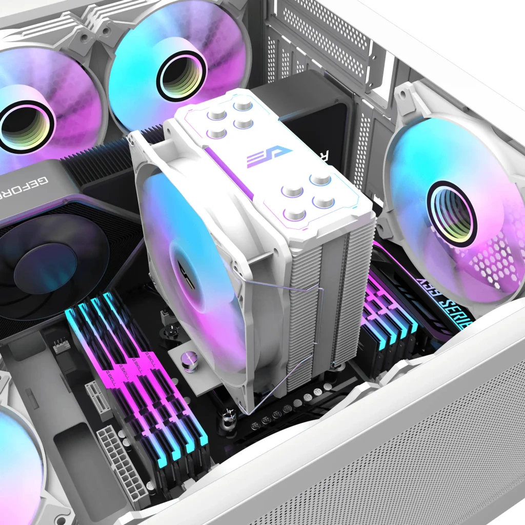 Ventirad CPU Darkflash Z4 PRO AM4/AM5 LGA1700 TDP 200W ARGB 5V Blanc, en utilisation: monté dans un PC avec éclairage ARGB
