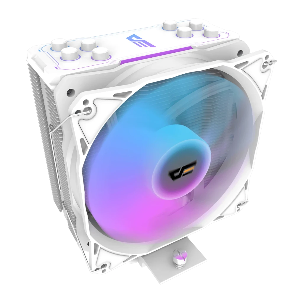 Ventirad CPU Darkflash Z4 PRO AM4/AM5 LGA1700 TDP 200W ARGB 5V Blanc, vue de face: ventilateur ARGB bleu-rose, ailettes