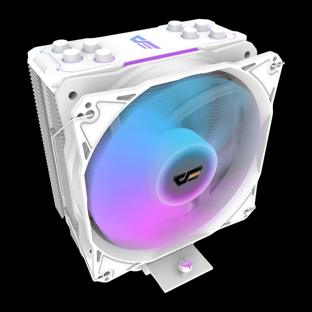 Disipador CPU Darkflash Z4 PRO AM4/AM5 LGA1700 TDP 200W ARGB 5V Blanco, vista frontal: ventilador ARGB azul-rosa, aletas