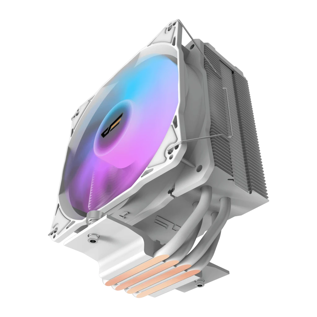 Ventirad CPU Darkflash Z4 PRO AM4/AM5 LGA1700 TDP 200W ARGB 5V Blanc, détail: ventilateur ARGB éclairé bleu-rose, caloducs