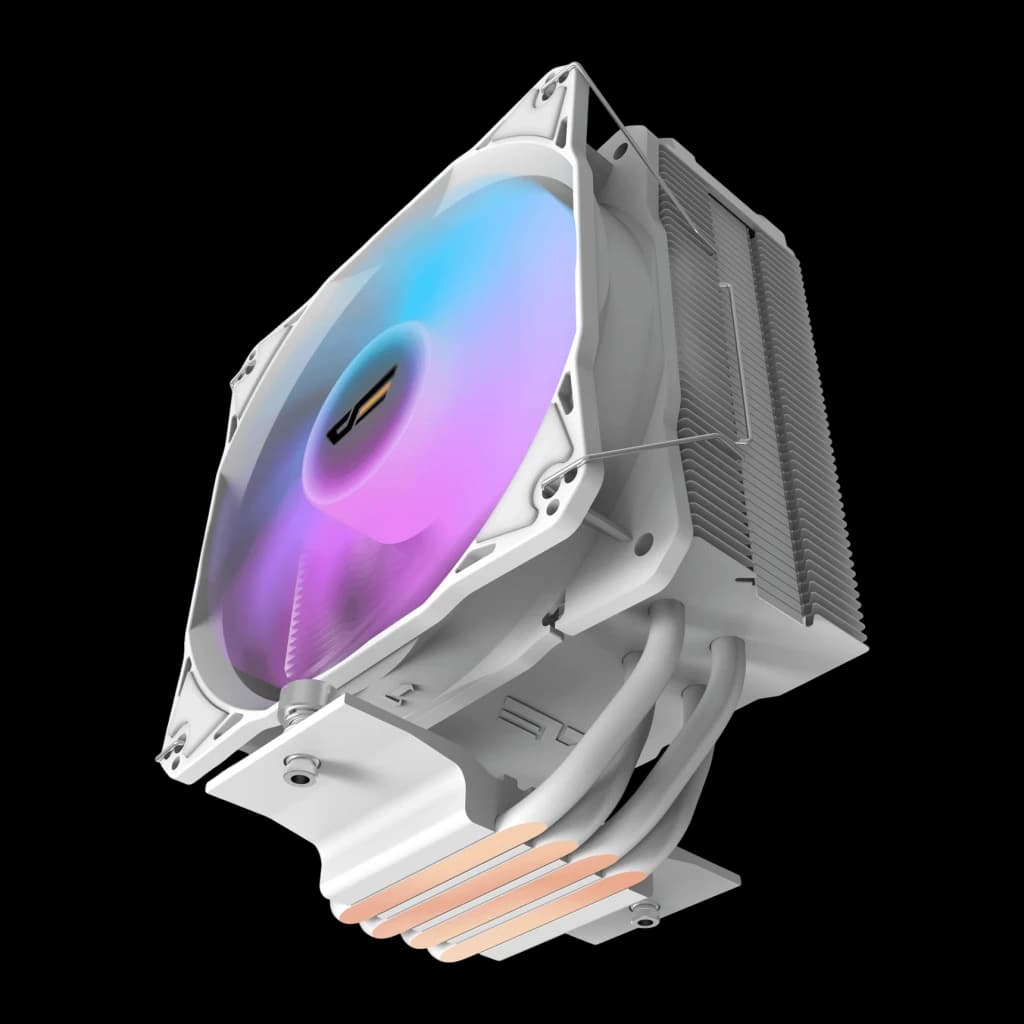 Disipador CPU Darkflash Z4 PRO AM4/AM5 LGA1700 TDP 200W ARGB 5V Blanco, detalle: ventilador ARGB iluminado azul-rosa