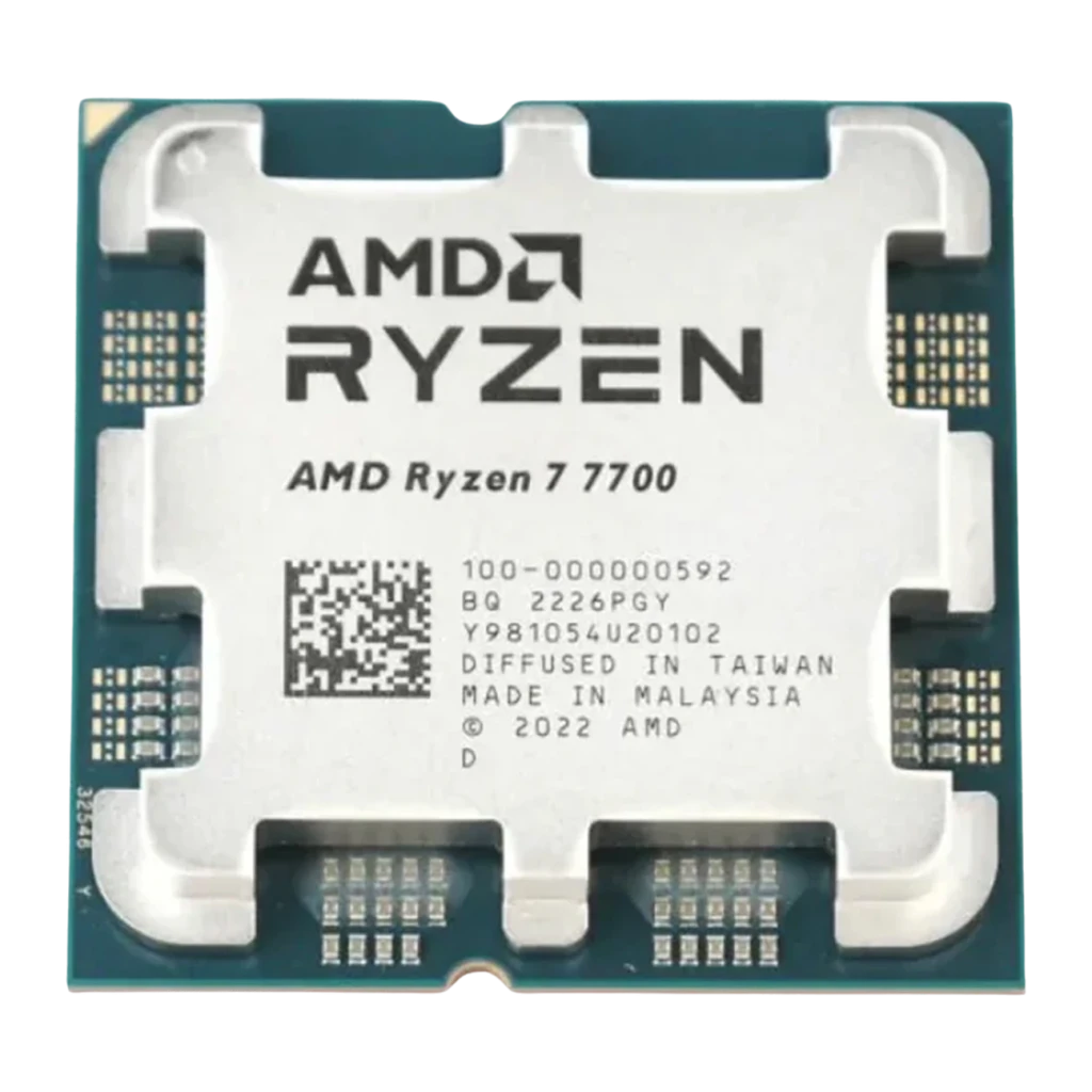 AMD Ryzen 7 7700 Tray 8 Núcleos AM5, vista frontal: IHS plateado con logo AMD Ryzen y etiqueta de serie visible