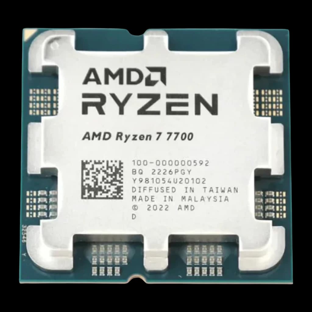 AMD Ryzen 7 7700 Tray 8 Núcleos AM5, vista frontal: IHS plateado con logo AMD Ryzen y etiqueta de serie visible