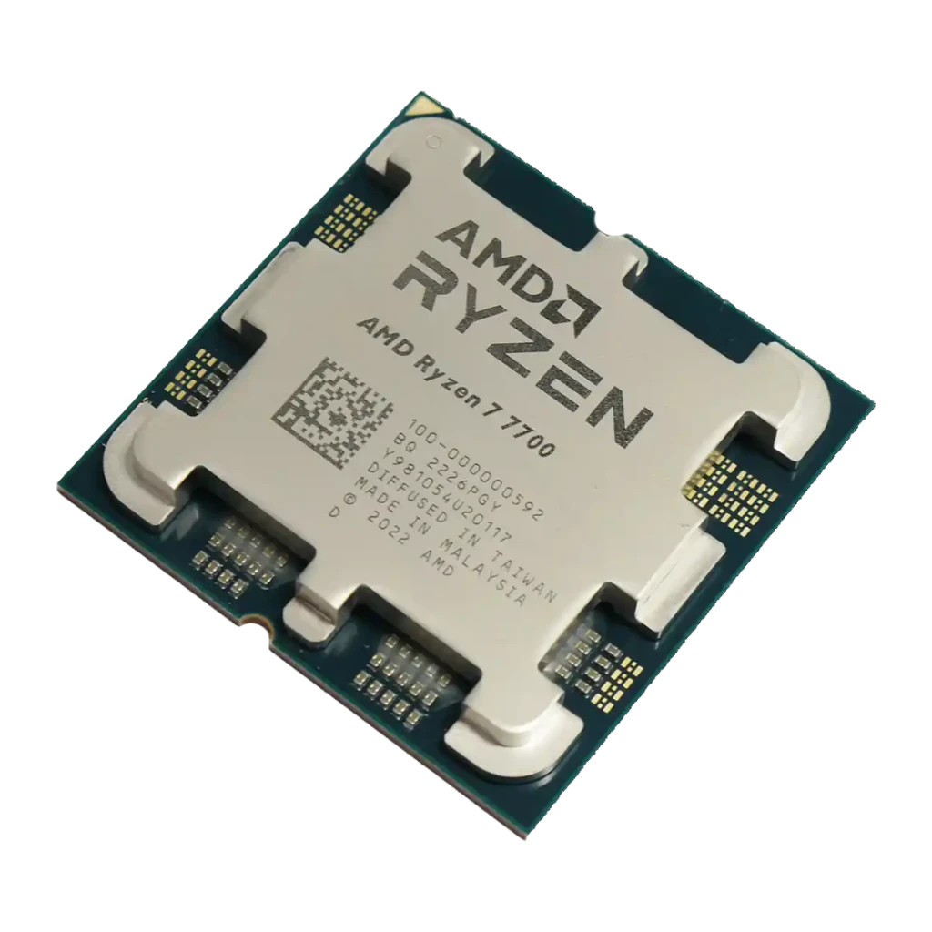 AMD Ryzen 7 7700 Tray 8 Núcleos AM5, detalle: IHS metálico con grabado Ryzen 7 7700 y contactos dorados AM5 visibles