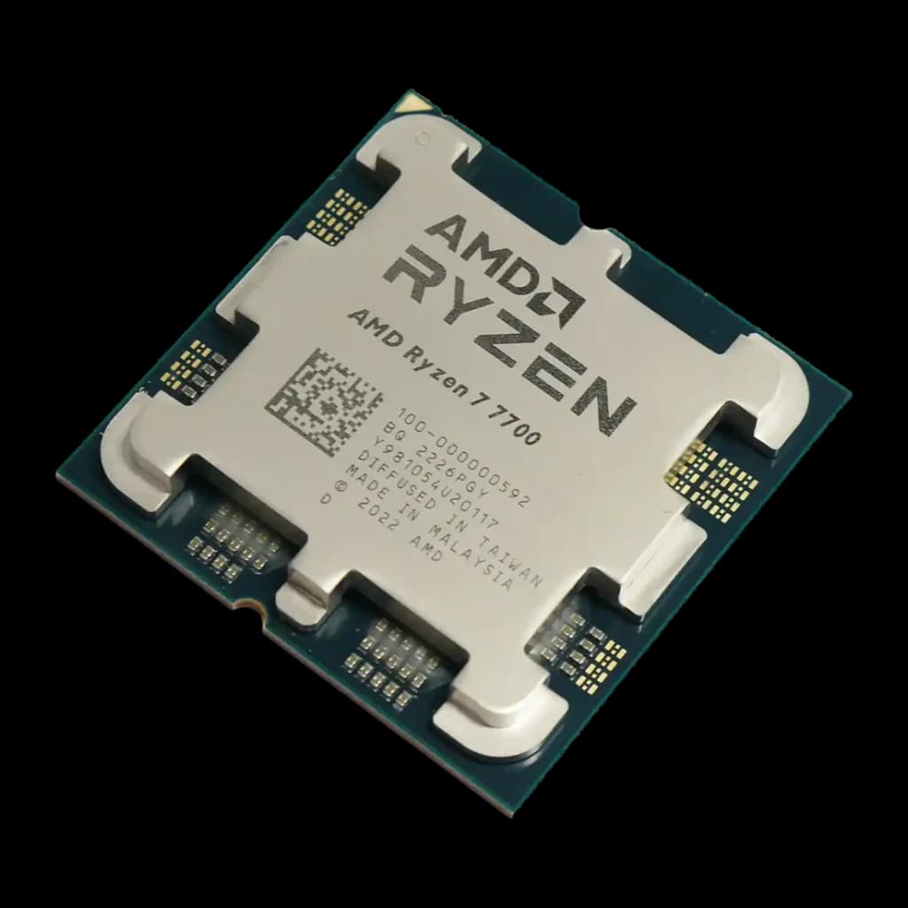 AMD Ryzen 7 7700 Tray 8 Núcleos AM5, detalle: IHS metálico con grabado Ryzen 7 7700 y contactos dorados AM5 visibles