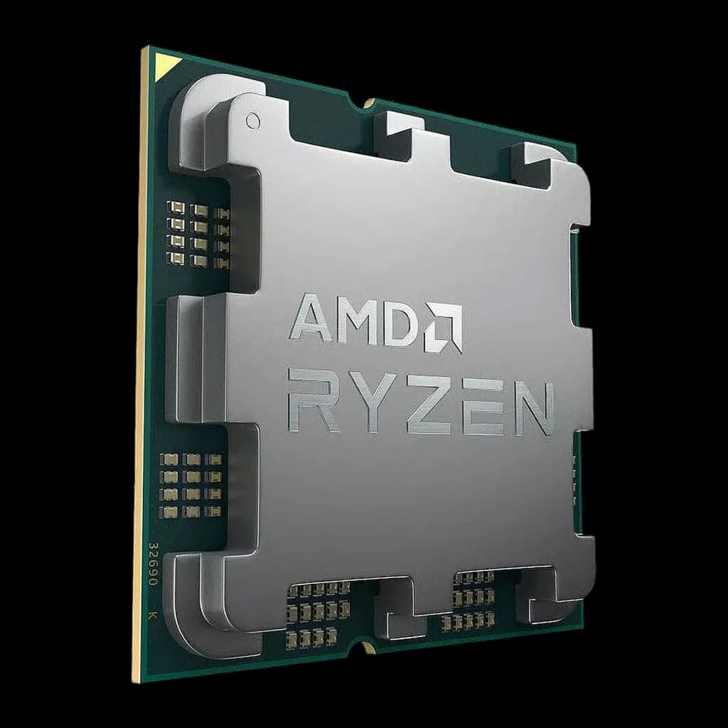 AMD Ryzen 7 7700 Tray 8 Núcleos AM5, detalle: IHS metálico en perspectiva con logo AMD Ryzen grabado y PCB verde visible