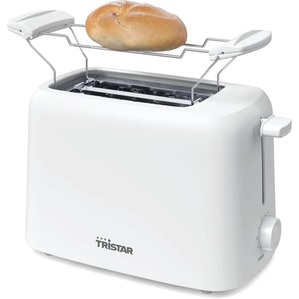 Tostadora TriStar 650W 2 Ranuras Blanco BR-1061, en uso: panecillo sobre rejilla accesoria desplegada y mando lateral visible