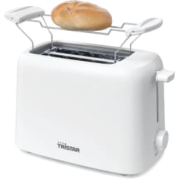 Tostadora TriStar 650W 2 Ranuras Blanco BR-1061, en uso: panecillo sobre rejilla accesoria desplegada y mando lateral visible