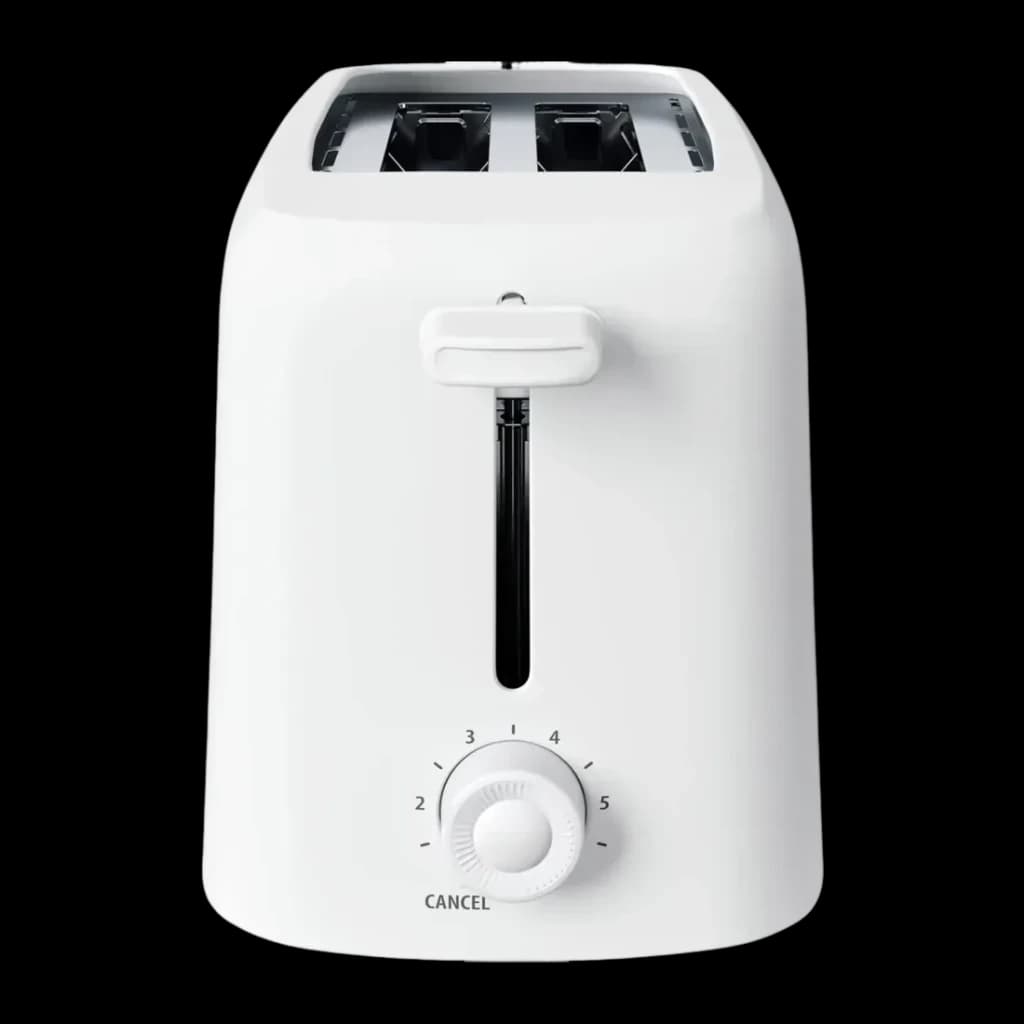 Tostadora TriStar 650W 2 Ranuras Blanco BR-1061, detalle frontal: palanca, dial de nivel 1-5 y botón Cancel visibles