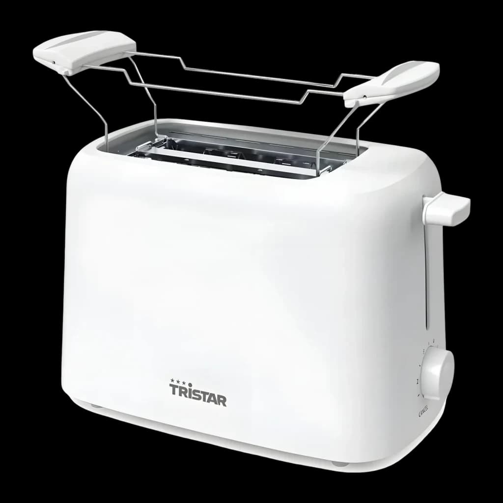 Tostadora TriStar 650W 2 Ranuras Blanco BR-1061, detalle: rejilla calienta bollos desplegada y mando lateral visibles