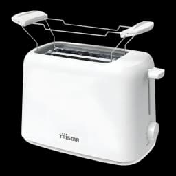Tostadora TriStar 650W 2 Ranuras Blanco BR-1061, detalle: rejilla calienta bollos desplegada y mando lateral visibles